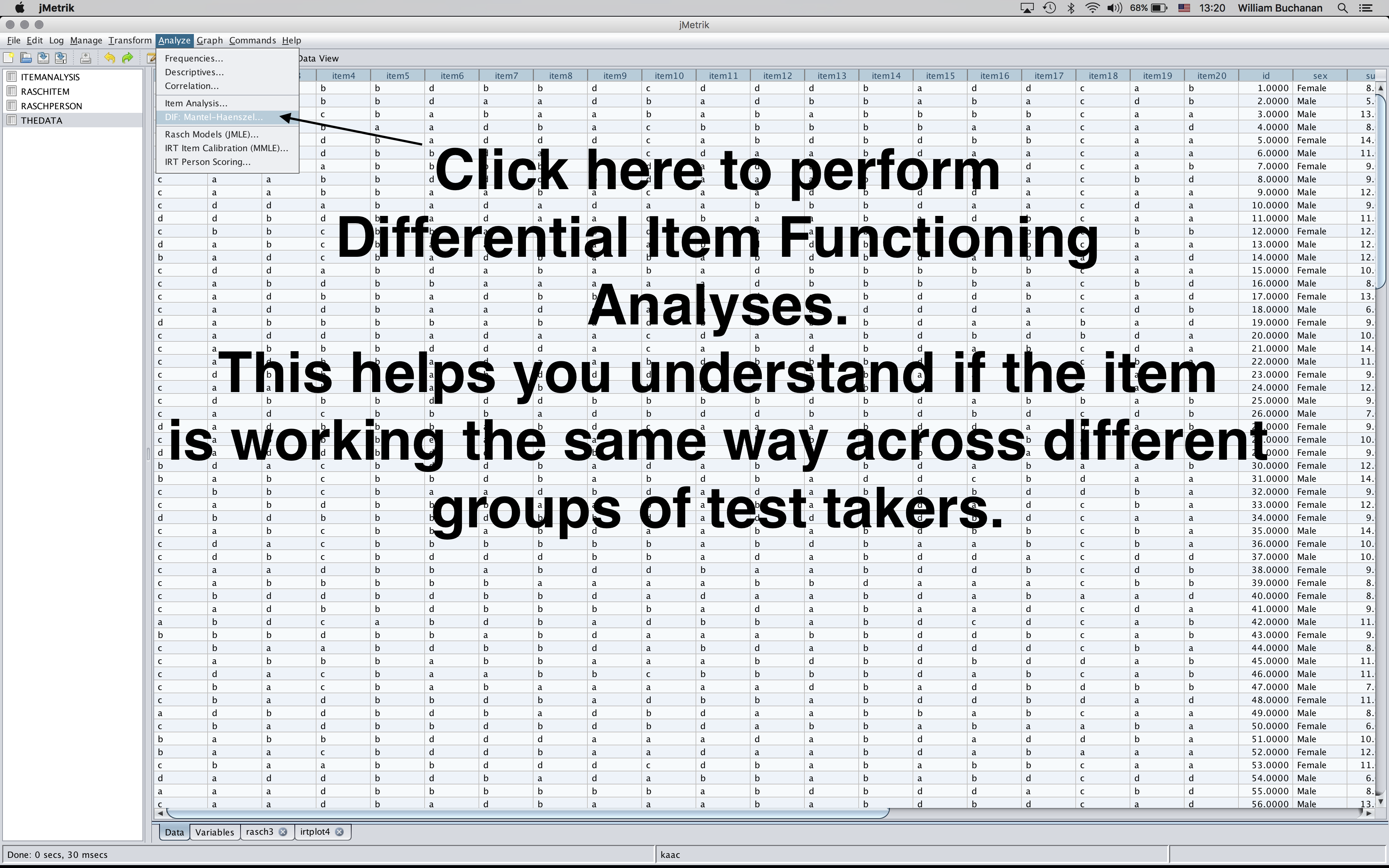 Shows Menu item where DIF analysis can be found