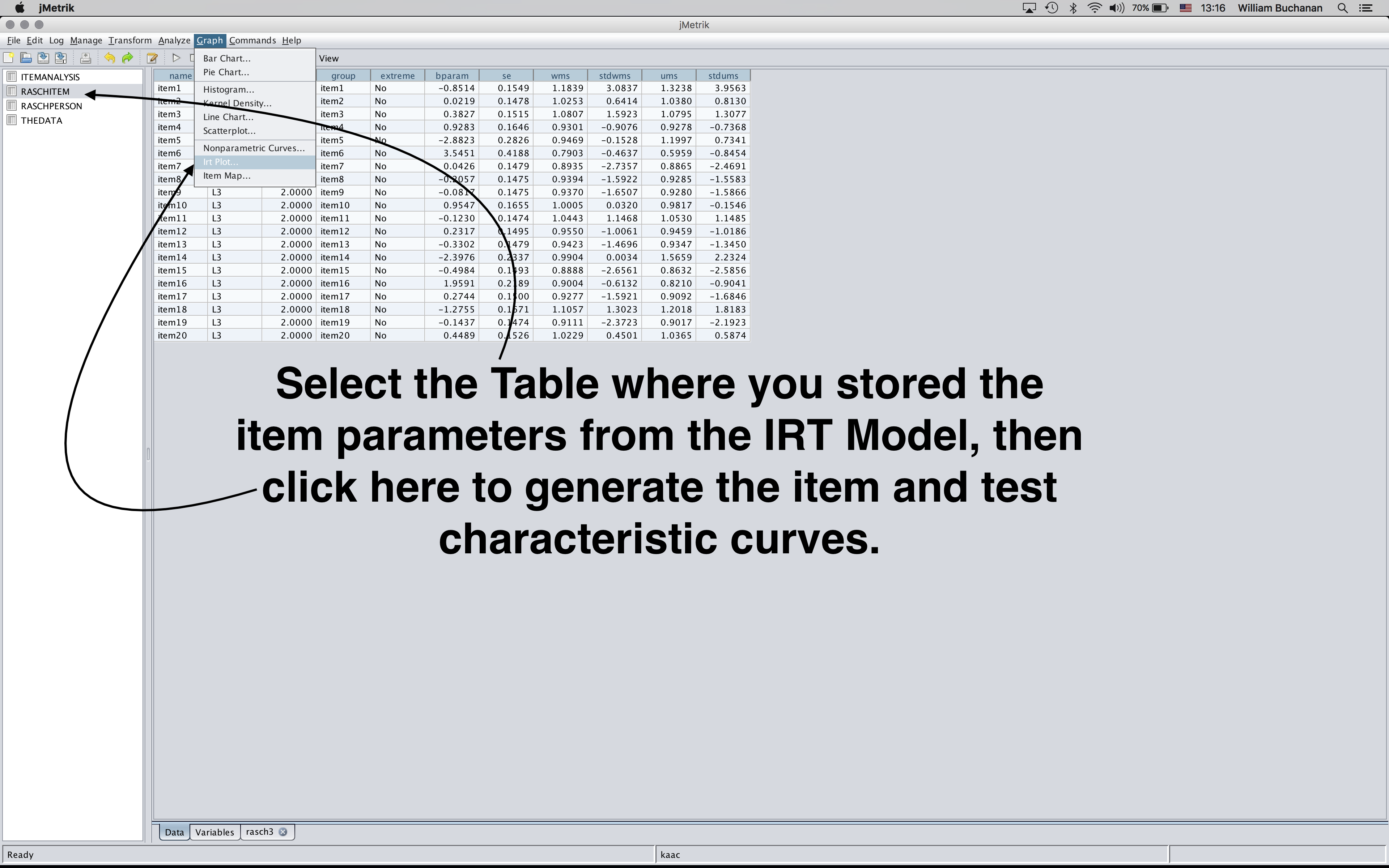 Annotated set up and menu location to generate Item/Test characteristic curves