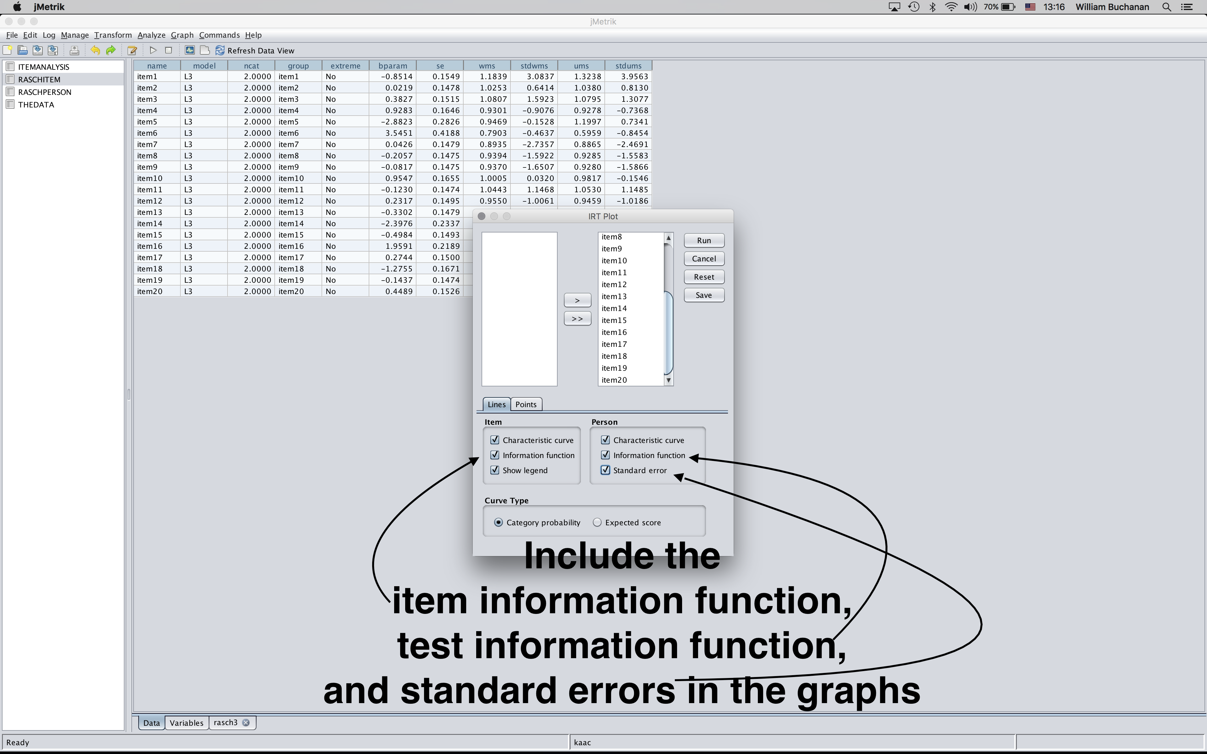 Shows suggested options to include when creating item characteristic curves