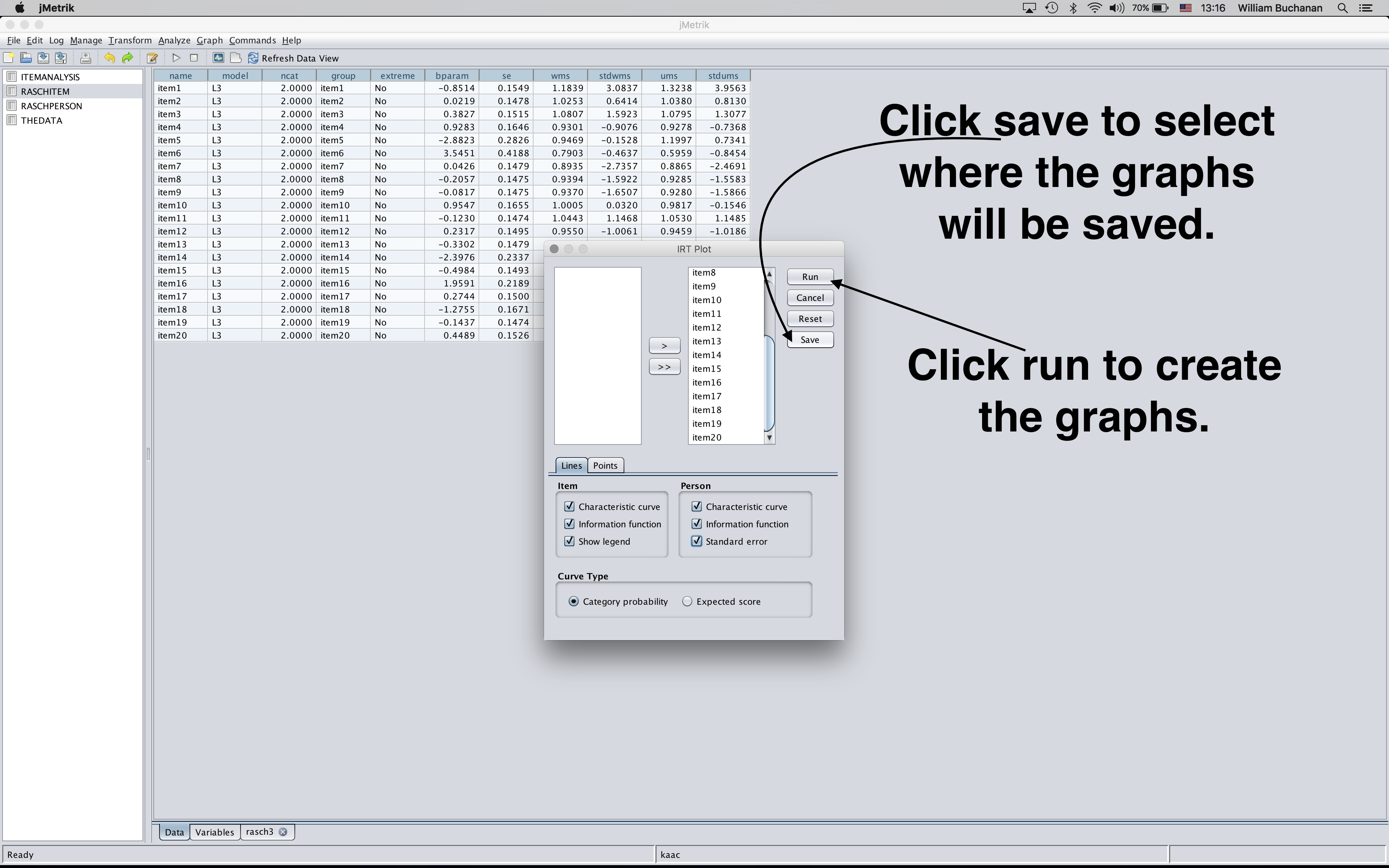 Shows buttons to click to select location where results will be saved and to execute the ICC graph generation