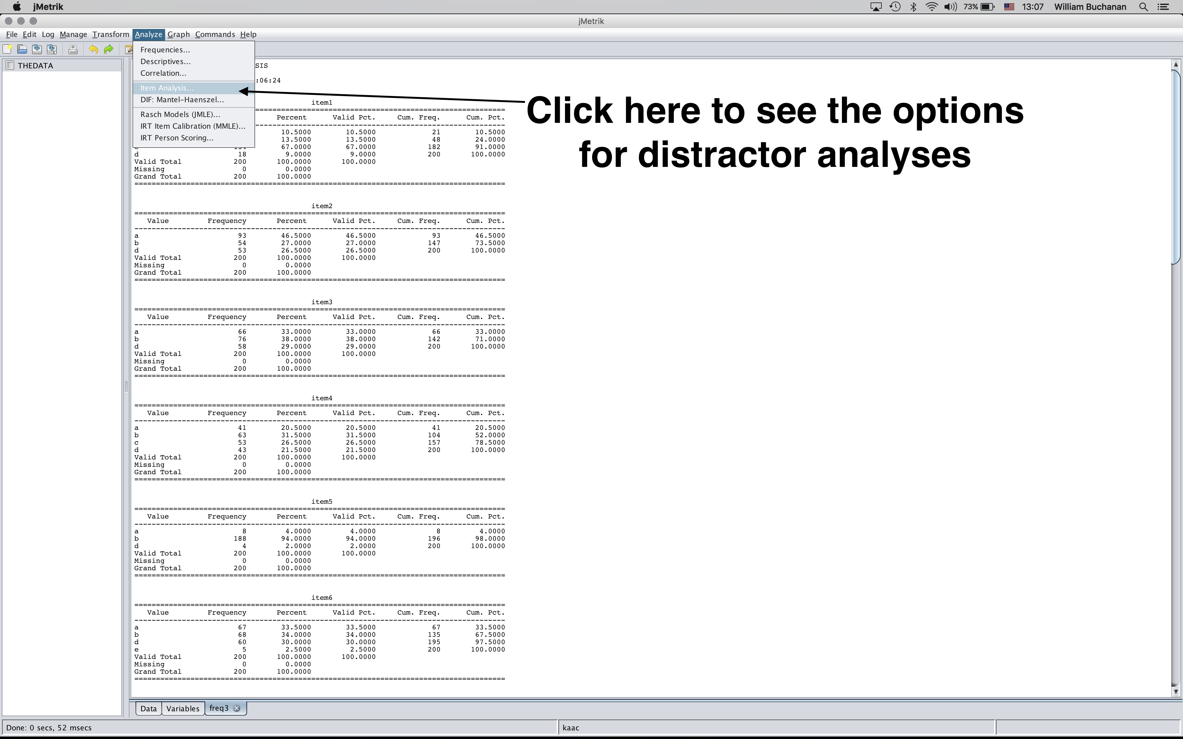 Shows menu option to click for distractor analysis