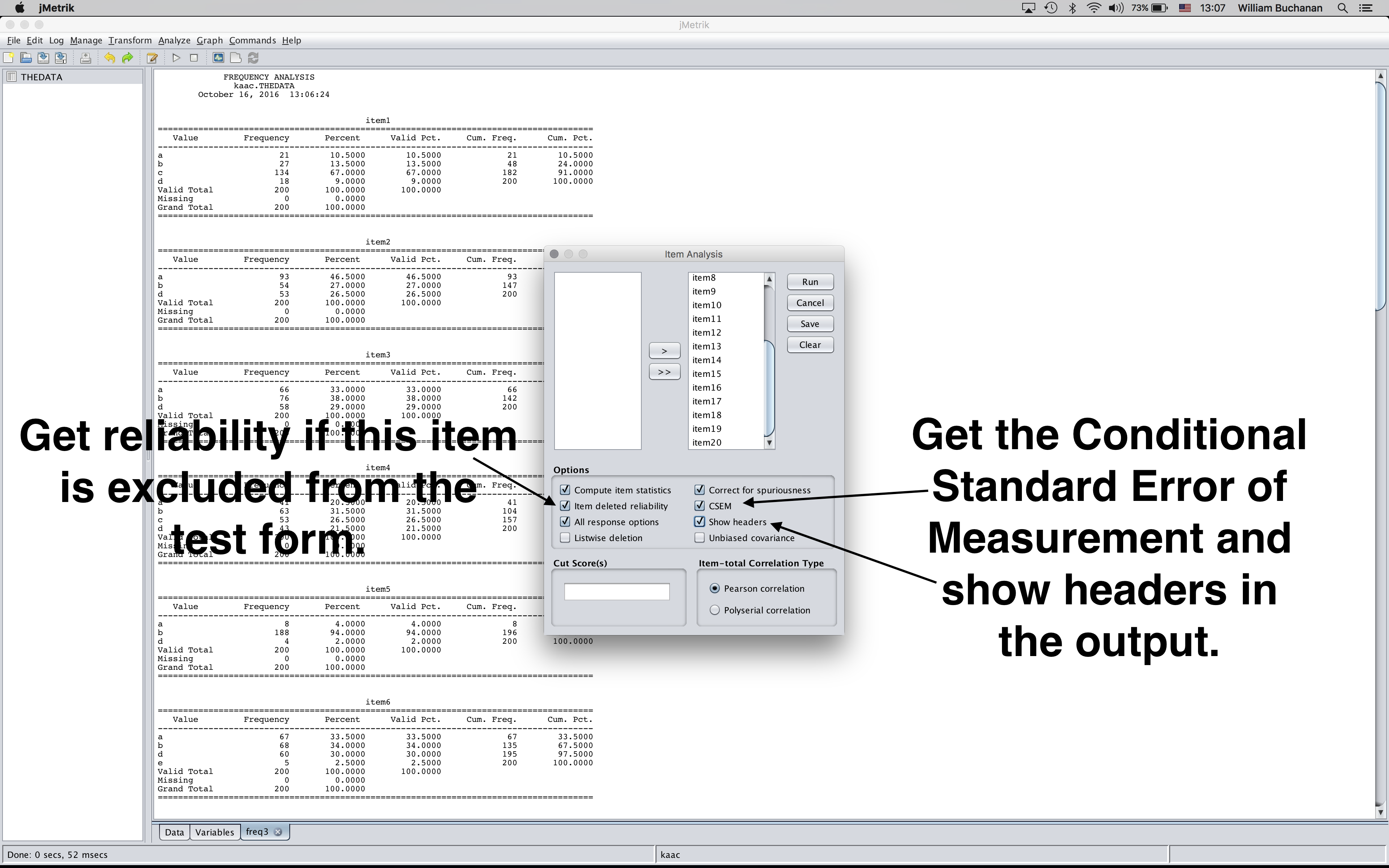 Shows additional recommended options to select for distractor analyses