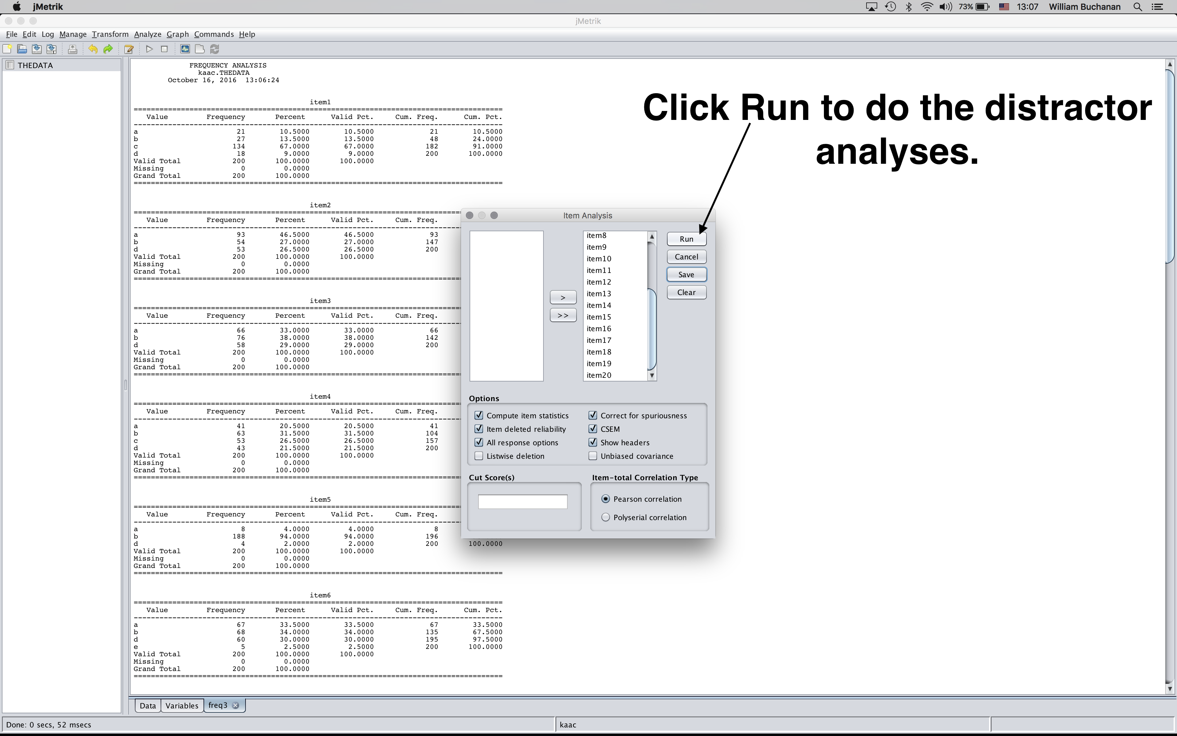 Shows button to click to execute distractor analyses