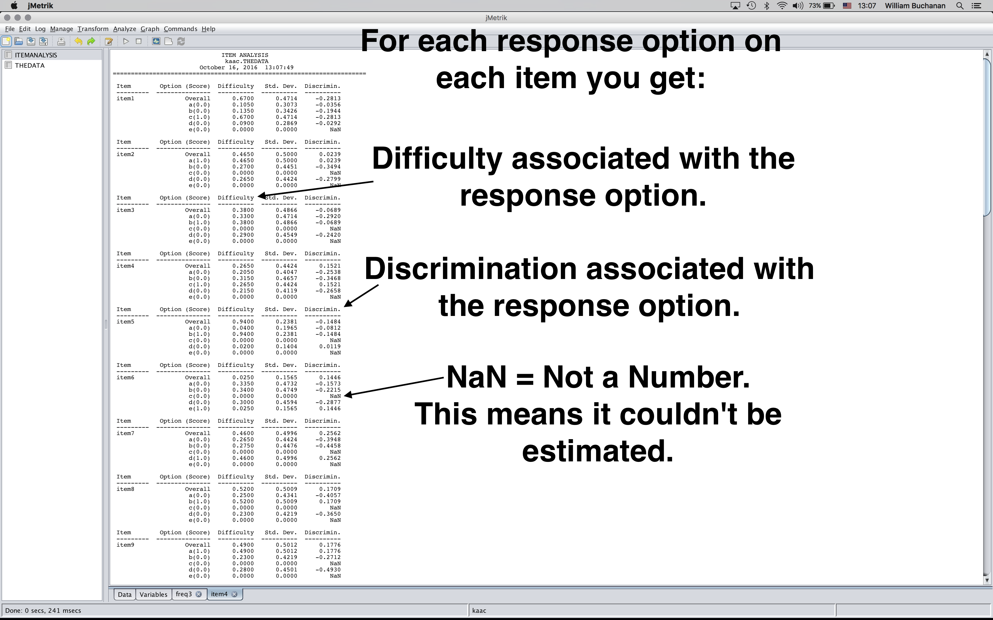 Shows annotated output for distractor analyses