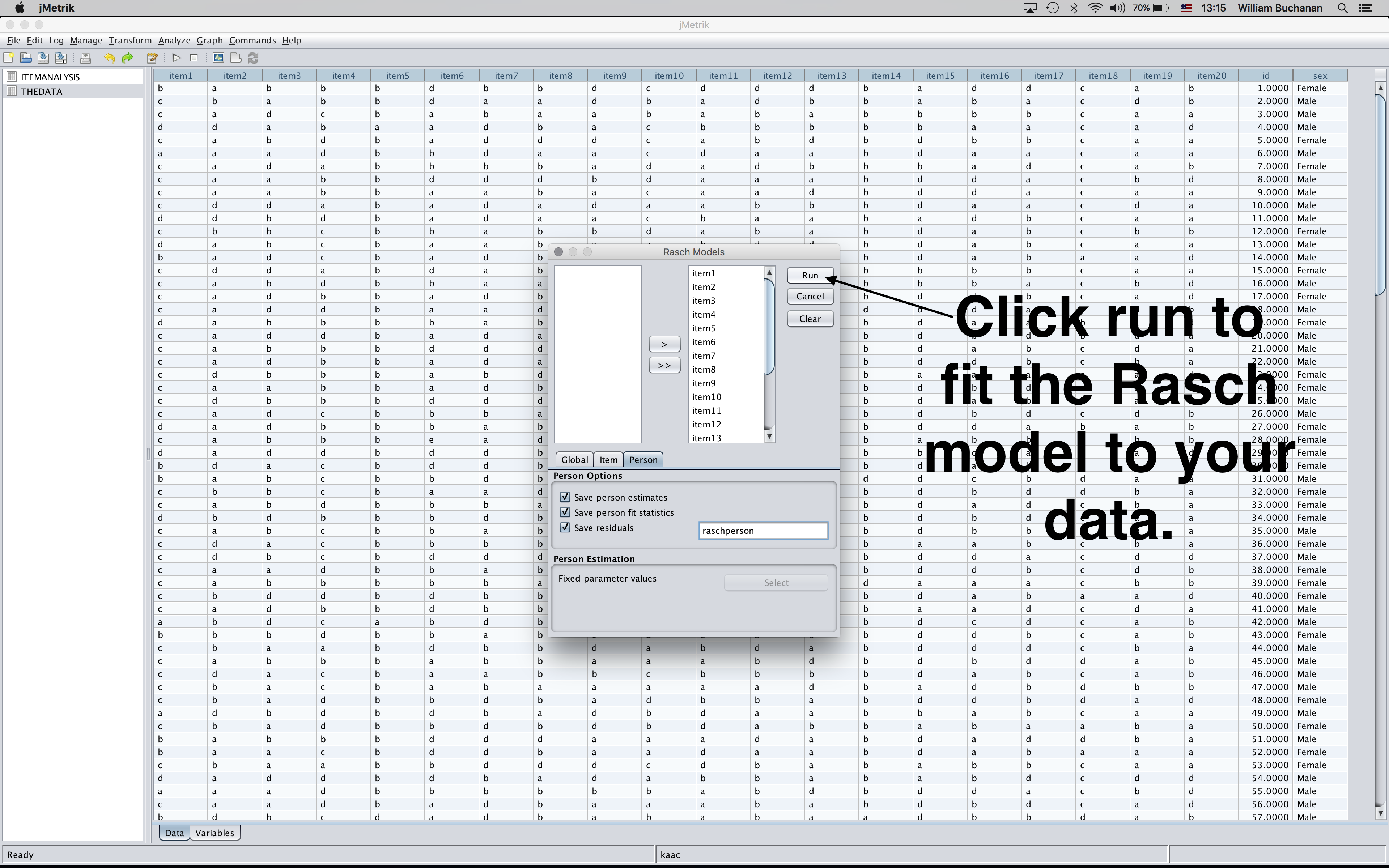 Shows where to click to fit the Rasch model to the data