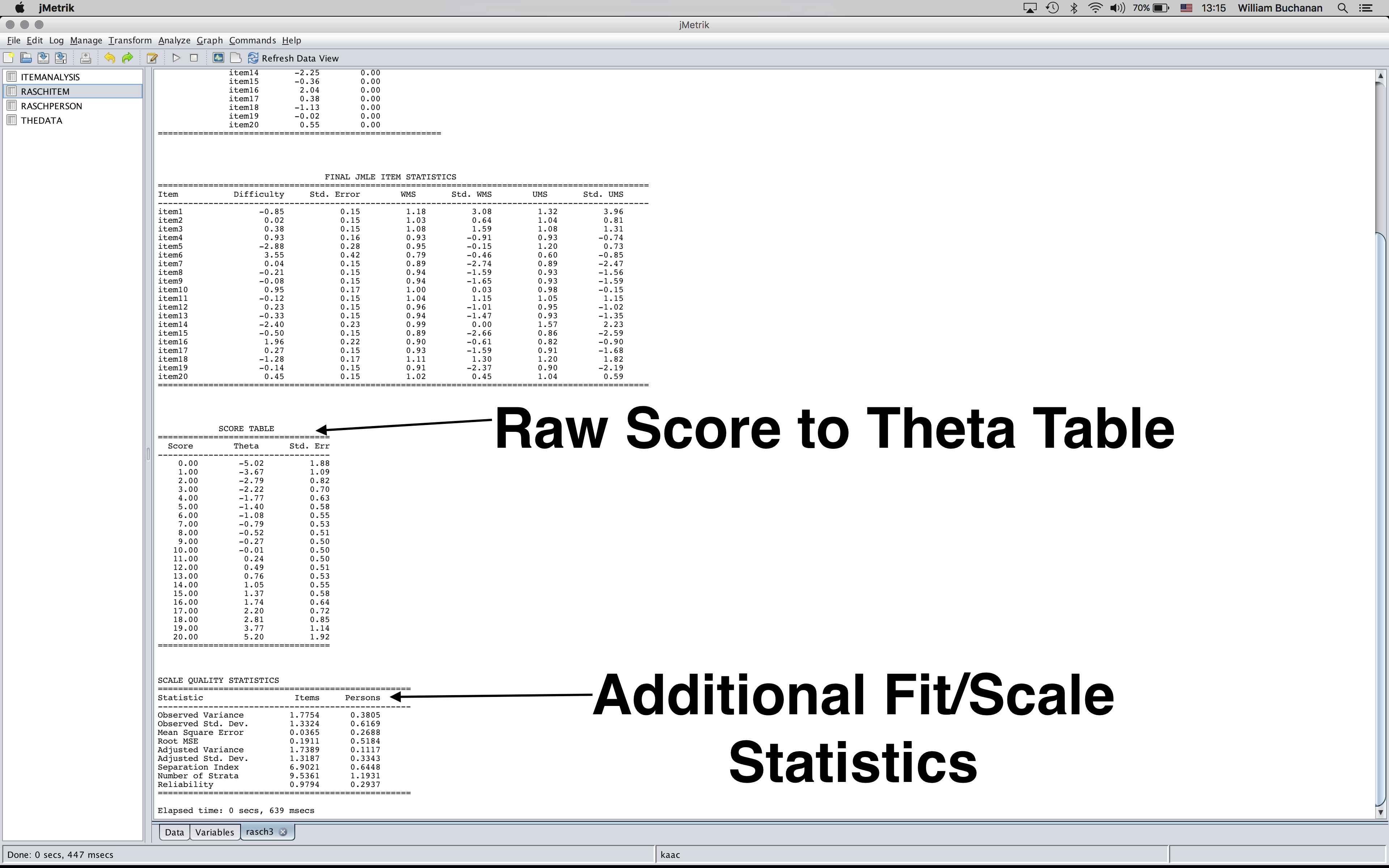 Continuation of previous slide showing annotated text-based output after fitting the Rasch model to the data