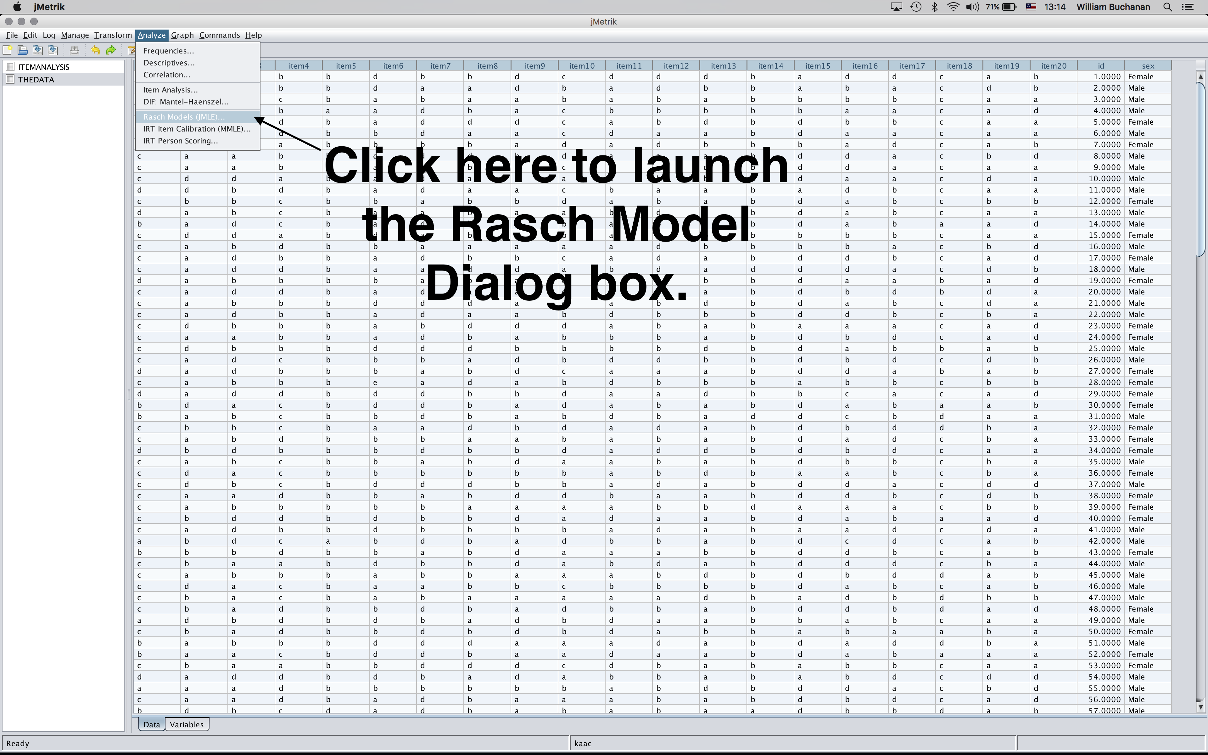 Shows where to click in the menu to launch the JMLE Dialog Box for Rasch Model
