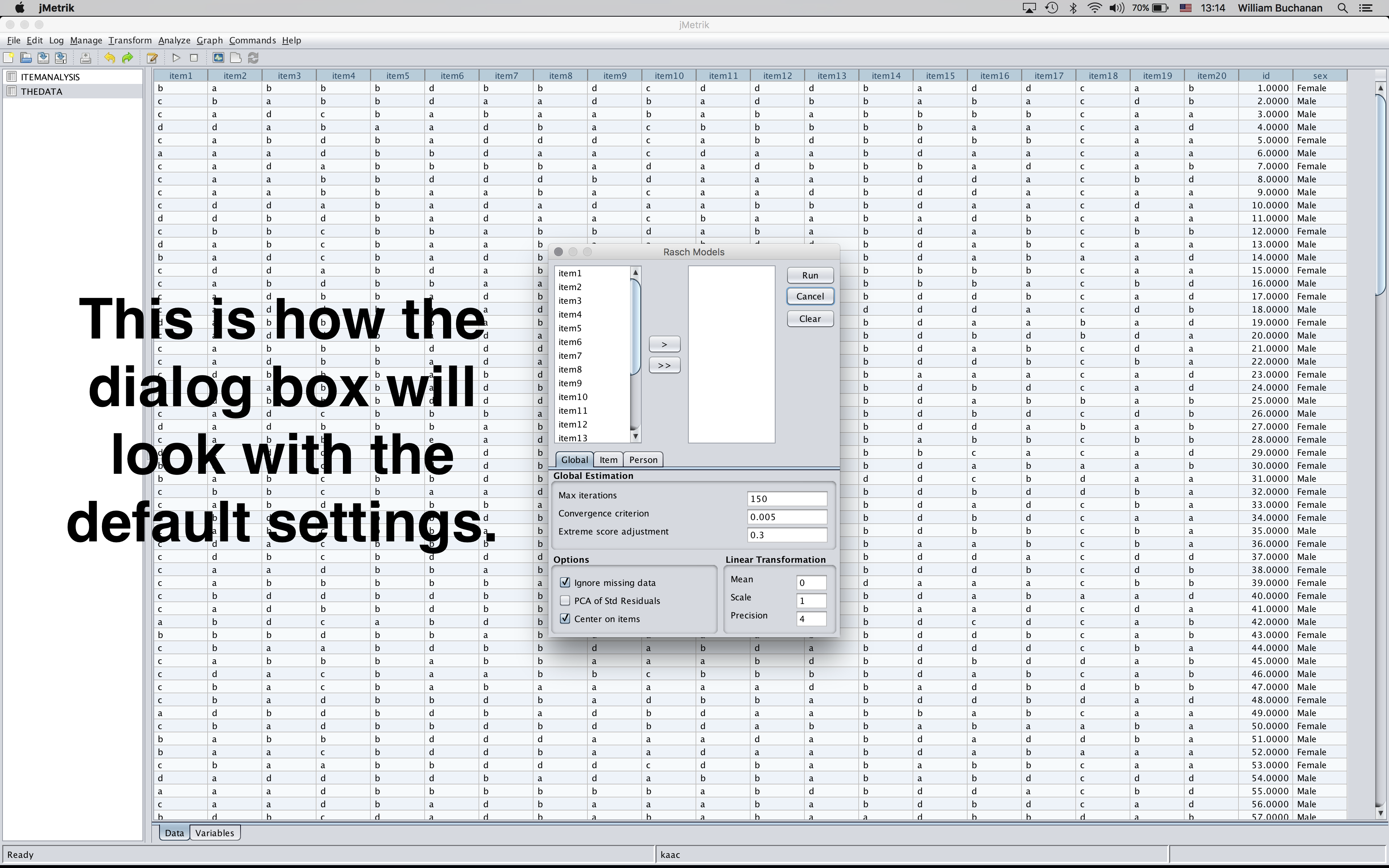 Shows dialog box with default settings