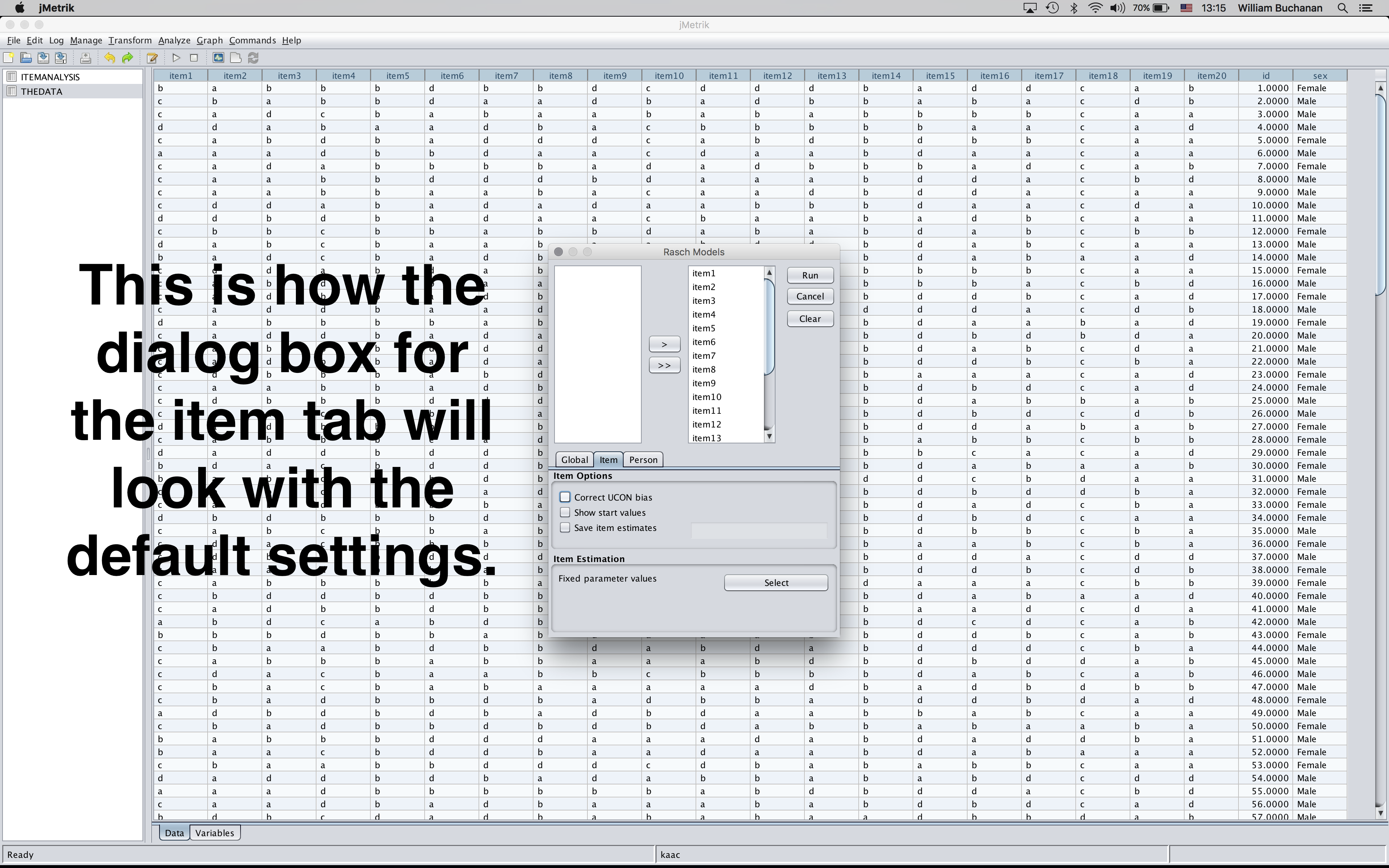 Shows the default view for the item tab