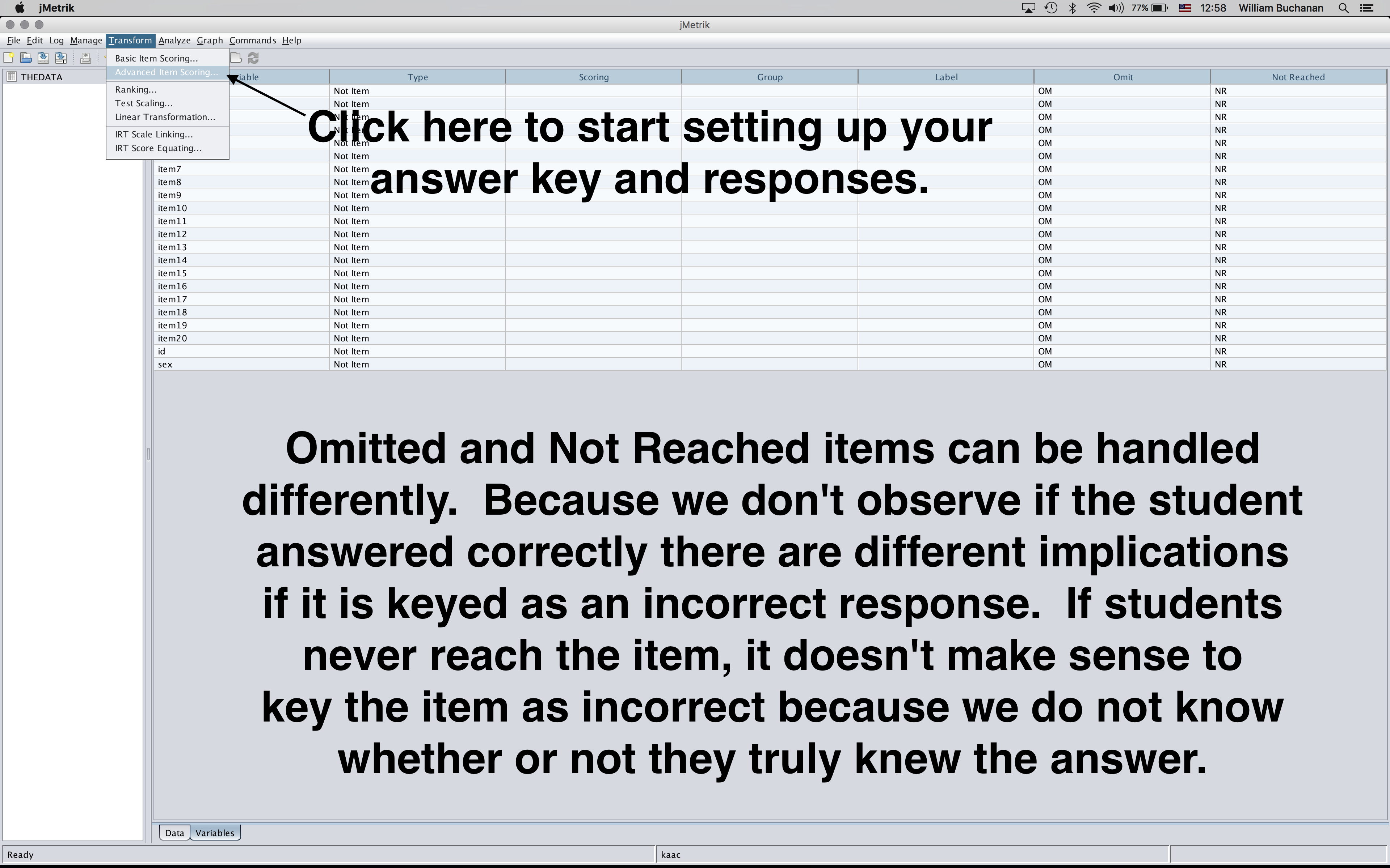 Shows where to click to launch the advanced scoring dialog