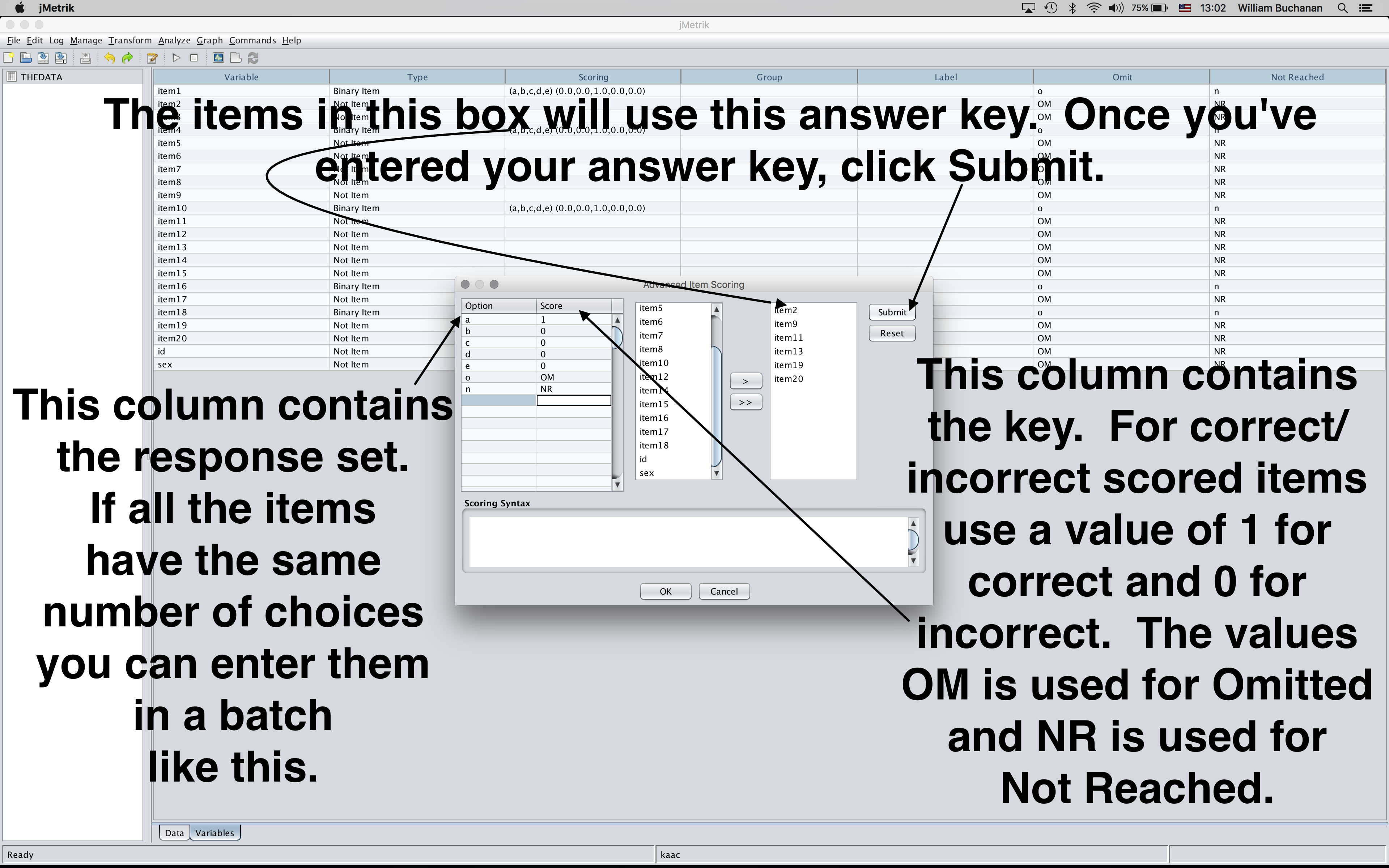 Setting up answer key for items with keyed response option a