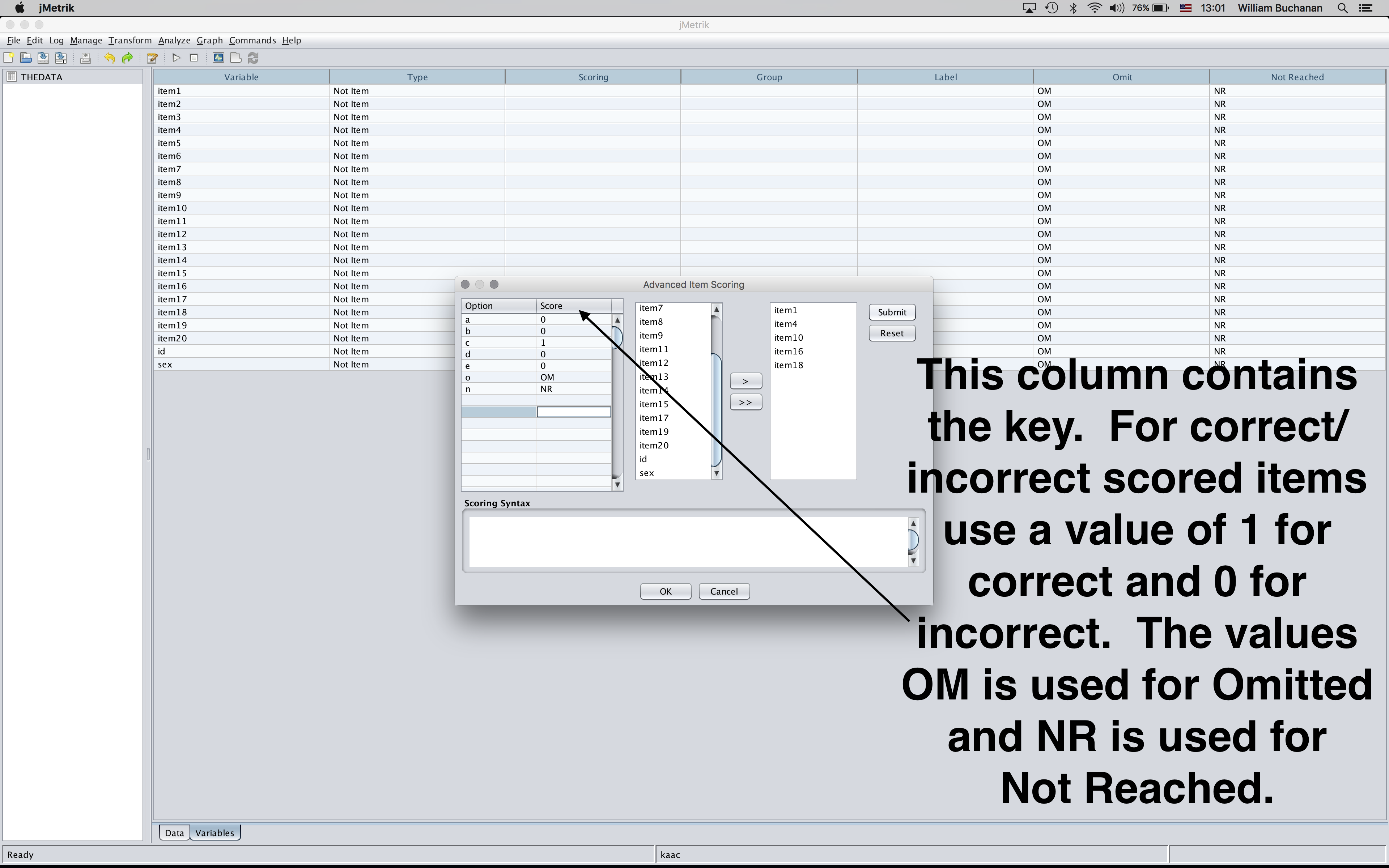 Setting up answer key for items with keyed response option c