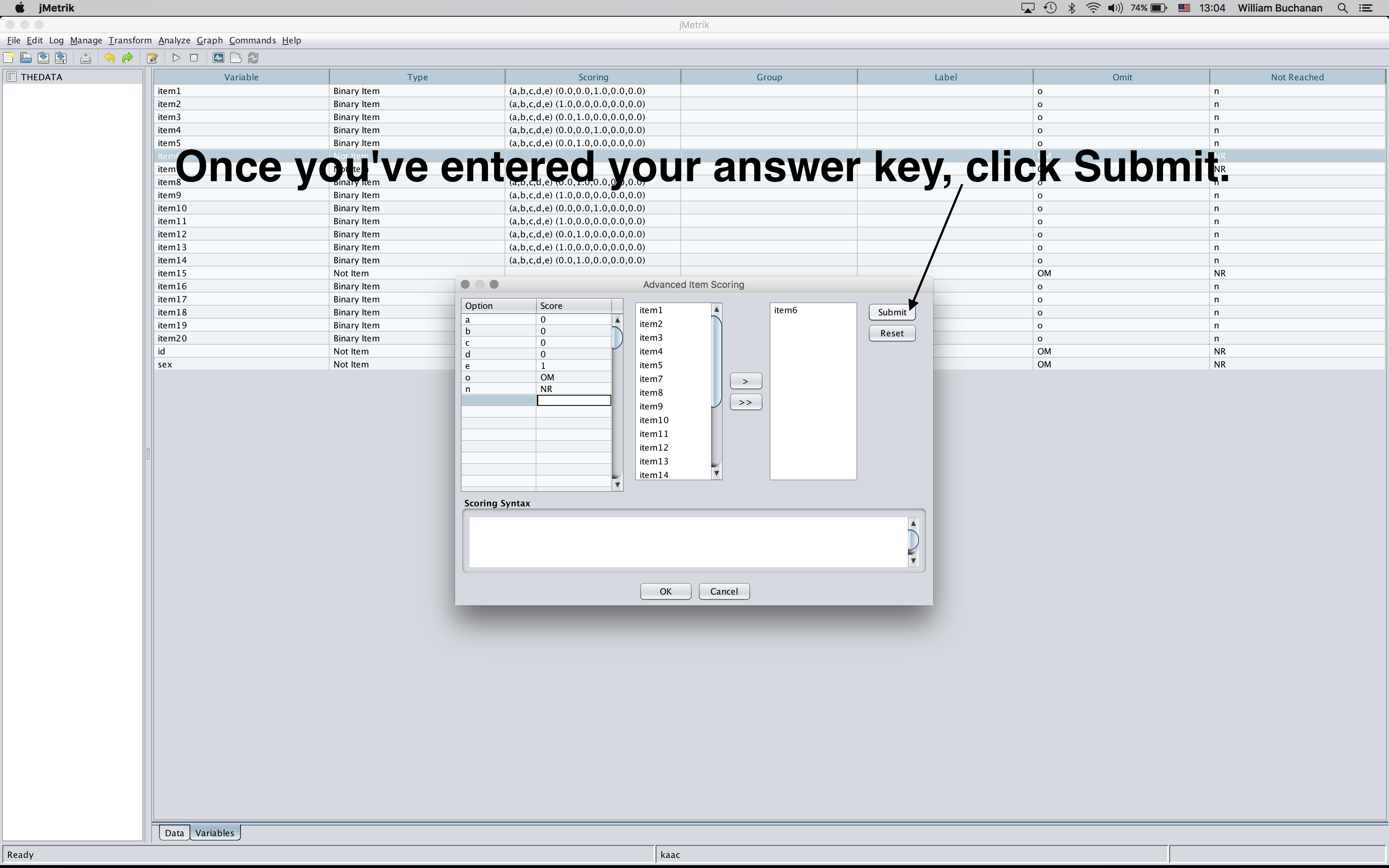 Setting up answer key for items with keyed response option e