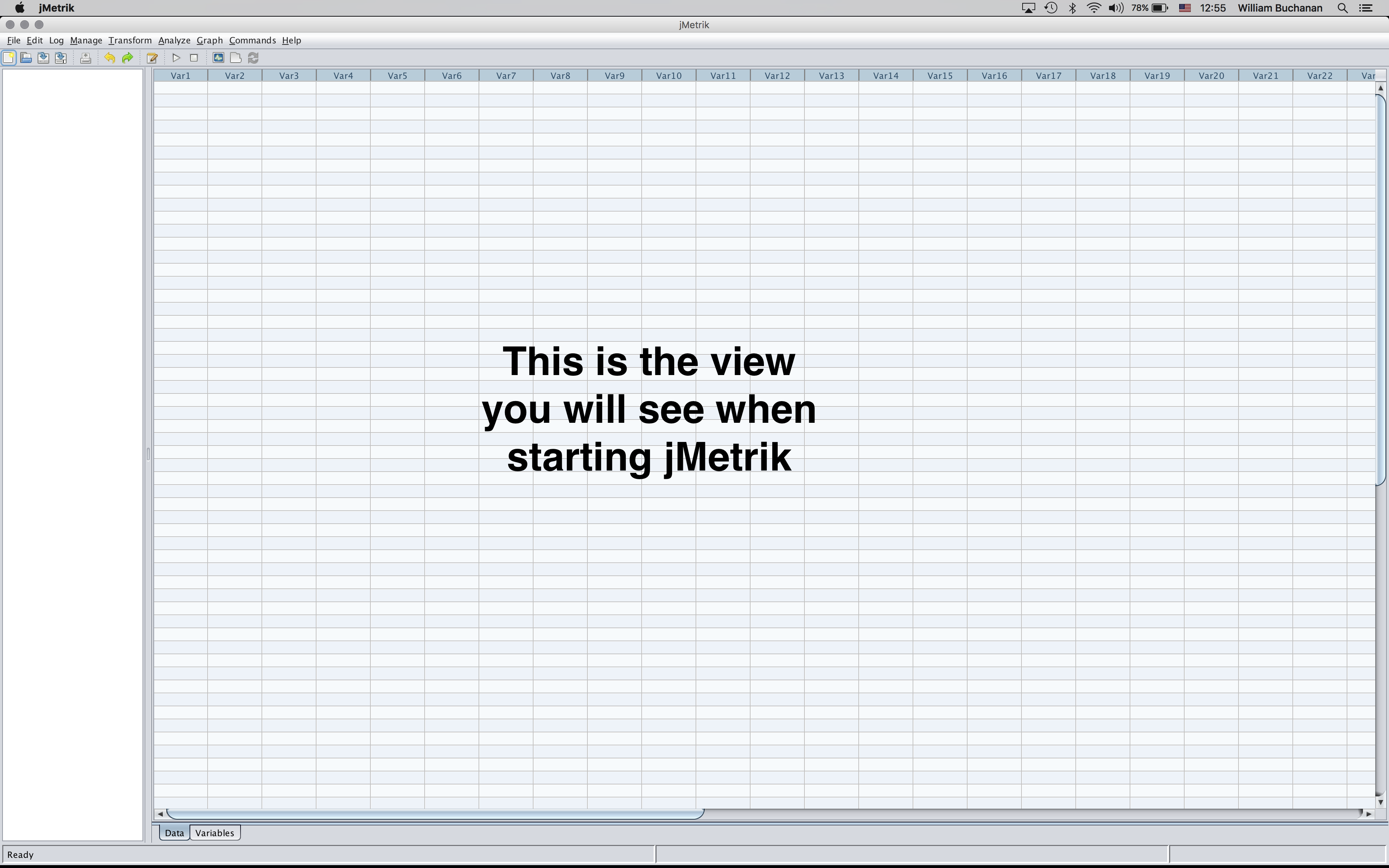 Initial view when starting the application
