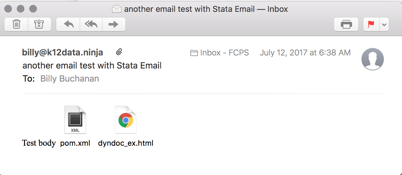 Screen shot of Stata Email plugin test email
